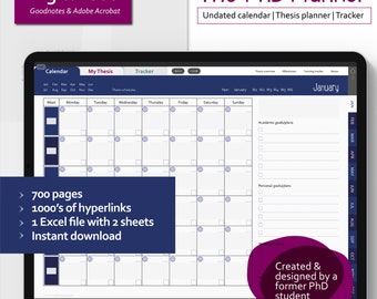Undated Digital PhD Planner| Graduate Thesis/Dissertation Planner| Sustainable | Instant DIGITAL Download | 700 pages | fully hyperlinked