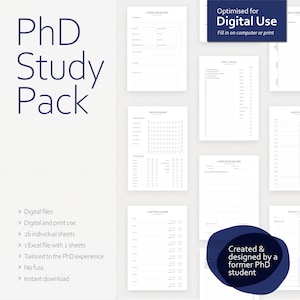 May include: A digital study pack for PhD students. The pack includes 26 individual sheets, an Excel file with 2 sheets, and is tailored to the PhD experience. The pack is optimised for digital use and can be filled in on a computer or printed.