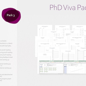 May include: A printable PhD Viva Pack, a set of checklists and planners to help with the writing and defense of a PhD dissertation. The pack includes a writing schedule, chapter checklist, last checks, pre-proof reading checks, during proof-reading checks, post-proof reading checks, proof-reading feedback sheet, daily planner, weekly planner, monthly planner, rewards, word count calculator/tracker, and word count progress graph.
