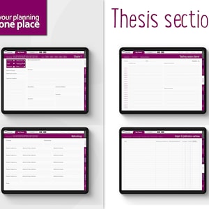 May include: Four screenshots of a digital planner for a thesis, with a purple and white color scheme. The planner includes sections for writing, research, methodology, and impact and publication review.