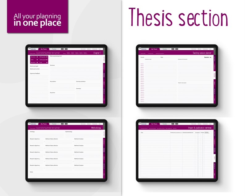 May include: Four screenshots of a digital planner for a thesis, with a purple and white color scheme. The planner includes sections for writing, research, methodology, and impact and publication review.