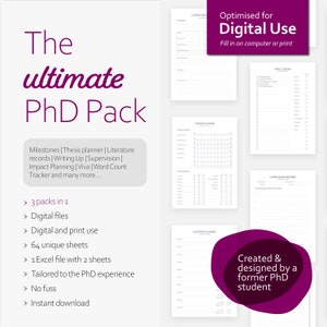Ultimate PhD Planner Pack: 64 unique PDF pages + 2 Excel sheets to plan your Graduate Thesis/Dissertation | Instant DIGITAL Download