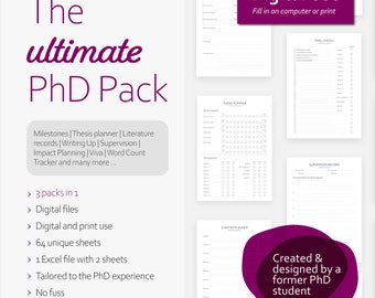 Ultimate PhD Planner Pack: 64 unique PDF pages + 2 Excel sheets to plan your Graduate Thesis/Dissertation | Instant DIGITAL Download