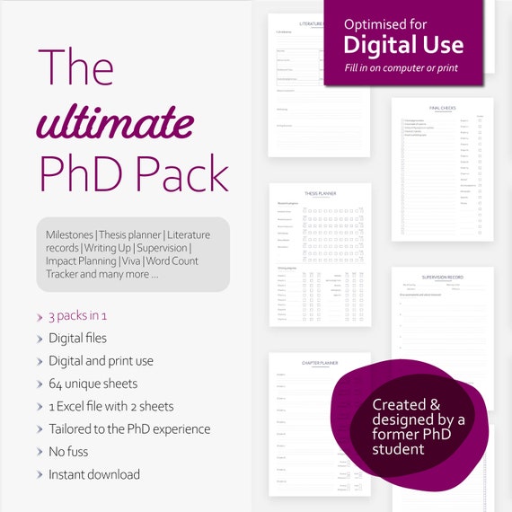 Ultimate PhD Planner Pack: 64 unique PDF pages + 2 Excel sheets to plan your Graduate Thesis/Dissertation | Instant DIGITAL Download