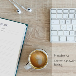 May include: A green and white journal with the words "PERVISION RECORD" on the cover. The journal is open to a blank page with lined paper. A cup of coffee, a keyboard, and a pair of white earbuds are also in the image. The text "Printable, A4" and "For that handwritten feeling" is also visible.