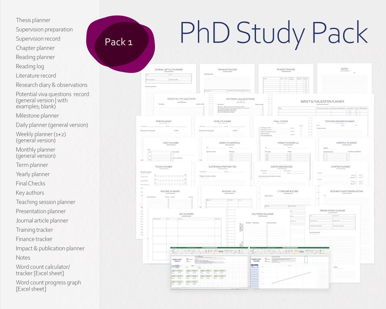 May include: A printable PhD Study Pack with a variety of planners and trackers for students. The pack includes a thesis planner, supervision preparation, supervision record, chapter planner, reading planner, reading log, literature record, research diary and observations, potential viva questions record, milestone planner, daily planner, weekly planner, monthly planner, term planner, yearly planner, final checks, key authors, teaching session planner, presentation planner, journal article planner, training tracker, finance tracker, impact and publication planner, notes, word count calculator, and word count progress graph.