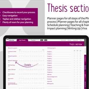 May include: A screenshot of a computer screen showing a thesis planner app. The app has a calendar, a tracker, and a thesis overview section. The thesis overview section has checkboxes for each step of the thesis process, including research progress, literature review, research question, research objectives, methodology, data collection, data analysis, discussion, conclusions and recommendations, writing progress, chapter 1 through 10, abstract, acknowledgements, glossary, appendix, and bibliography.