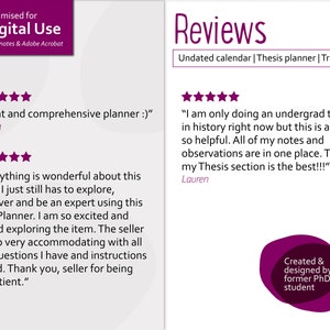 May include: Reviews for a digital planner optimized for Goodnotes and Adobe Acrobat. The planner is described as "great and comprehensive" and "wonderful". The reviews highlight the planner's usefulness for organizing notes and observations, especially for thesis writing.