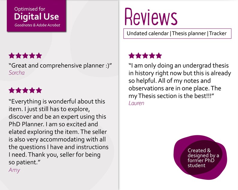May include: Reviews for a digital planner optimized for Goodnotes and Adobe Acrobat. The planner is described as "great and comprehensive" and "wonderful". The reviews highlight the planner's usefulness for organizing notes and observations, especially for thesis writing.