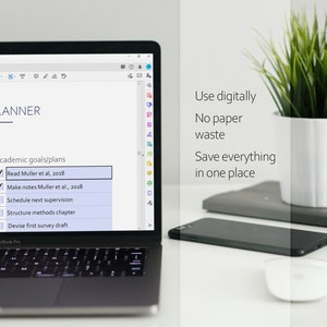 May include: A laptop computer displaying a digital planner with a checklist of academic goals. The checklist includes items such as "Read Muller et al., 2018" and "Make notes Muller et al., 2018". The text "Use digitally, No paper waste, Save everything in one place" is visible on the right side of the image.