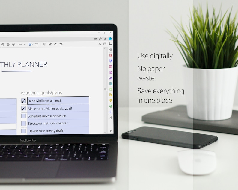 May include: A laptop computer displaying a digital planner with a checklist of academic goals. The checklist includes items such as "Read Muller et al., 2018" and "Make notes Muller et al., 2018". The text "Use digitally, No paper waste, Save everything in one place" is visible on the right side of the image.