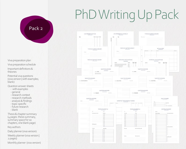 May include: A printable PhD writing up pack with a pink circle and the text "Pack 2" in white. The pack includes a variety of printable planners and worksheets to help with the writing process, including a viva preparation plan, a thesis and chapter summary, and daily, weekly, and monthly planners.