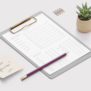 May include: A gray clipboard with a checklist for research and writing progress. The checklist includes sections for literature review, research design, methodology, data analysis, abstract, acknowledgements, glossary, bibliography, appendix, and writing progress for each chapter. The clipboard is on a white surface with a pencil and a sticky note that says "Schedule Supervision!"