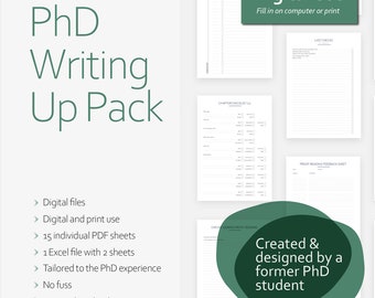 PhD Writing Up Pack: 15 PDFs + 2 Excel sheets to plan the final months of your Graduate Thesis/Dissertation | Instant DIGITAL Download