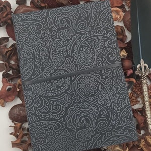 Hand-Printed Leather Journal: Blue Baroque Pattern, Dotted Paper
