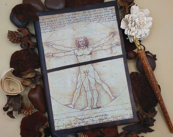 Hand-printed leather notebook, Leonardo da Vinci, Vitruvian Man