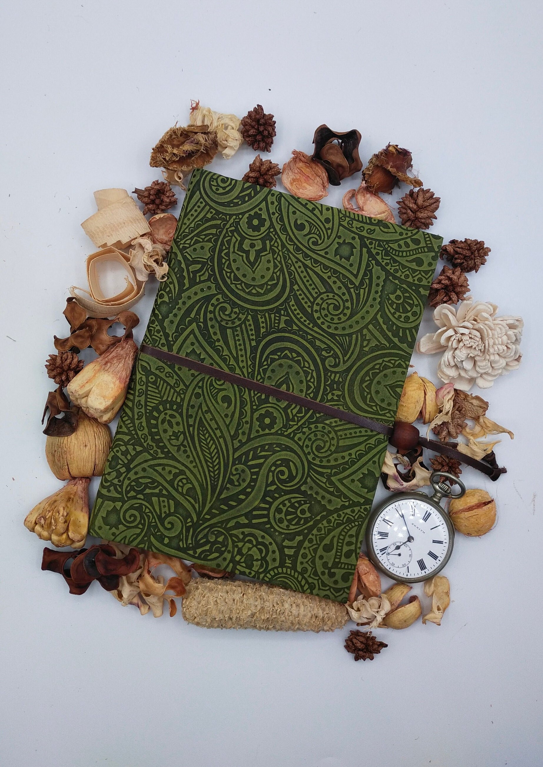 Hand-printed Leather Journal Cm 21 X Cm 14.5, Green, Baroque