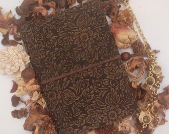 Hand-printed leather journal cm 21 x cm 14.5, Dark Brown, Flowers pattern