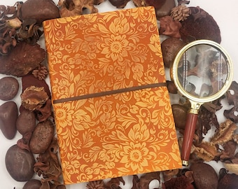 Hand-printed leather journal cm 21 x cm 14.5, Orange, Flowers pattern