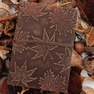 Hand-printed leather journal cm 13 x cm 9, Brown, Leaves pattern