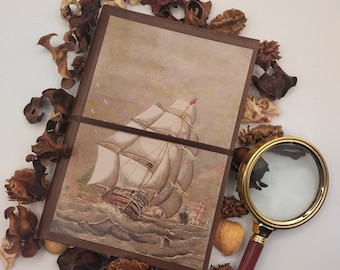 Hand-printed leather notebook, Sailing Ship