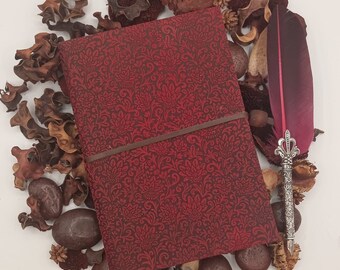 Hand-printed leather sketchbook cm 21 x cm 14.5, Red color, Small Flowers pattern