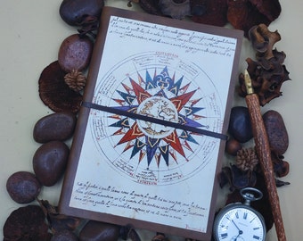 Hand-printed leather notebook, Wind Rose