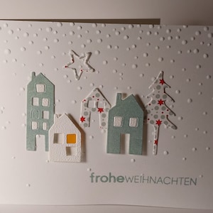 Weihnachtskarte Grußkarte Klappkarte Doppelkarte handgemacht grün Häuser
