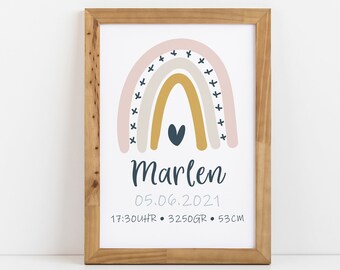 Posters de naissance Filles Posters nominatif, Cadeau de naissance Enfants Poster Arc-en-ciel, Newborn, Personnalisé