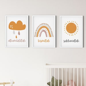 3er Set Poster Bismillah, Subhanallah, Alhamdulillah, Regenbogen, Sonne, Regenwolke,geschenk baby islamische Wandbilder