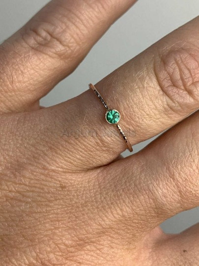 14K Gold Emerald Ring Gemstone Ring 14k Yellow Gold Ring Hammered Emerald Ring Natural Emerald Birthstone Ring Bezel Ring Stacking Ring