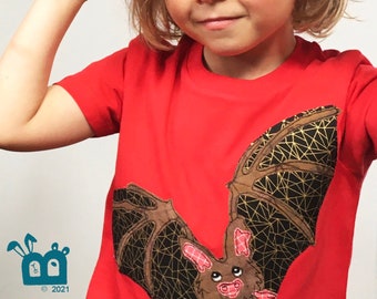 Bat Handmade Organic Toddler Applique Unisex T-shirt in Red