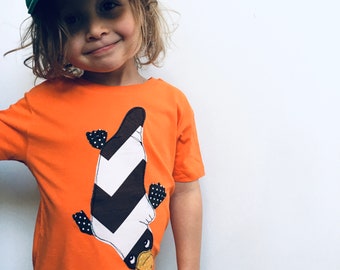 Duckbill Platypus Handmade Organic Toddler/ Kids Applique T-shirt in Orange
