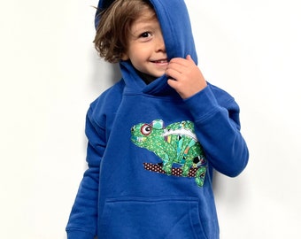 Chameleon Handmade Applique Organic Kids Hoodie in Blue - Unisex