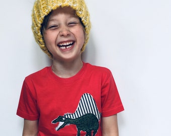 Spinosaurus Dinosaur Handmade Organic Toddler/  Kids Applique Unisex T-shirt in Red