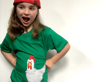 Chicken Handmade Organic Toddler/ Kids Applique Unisex T-shirt in Green