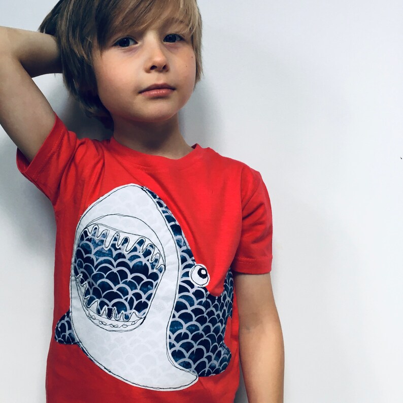 Shark Handmade Organic Toddler/ Kids Applique Unisex T-shirt in Red image 3