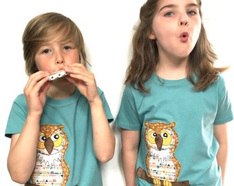 Owl Handmade Organic Toddler/ Kids Applique T-shirt in Teal Blue/ Mint Green