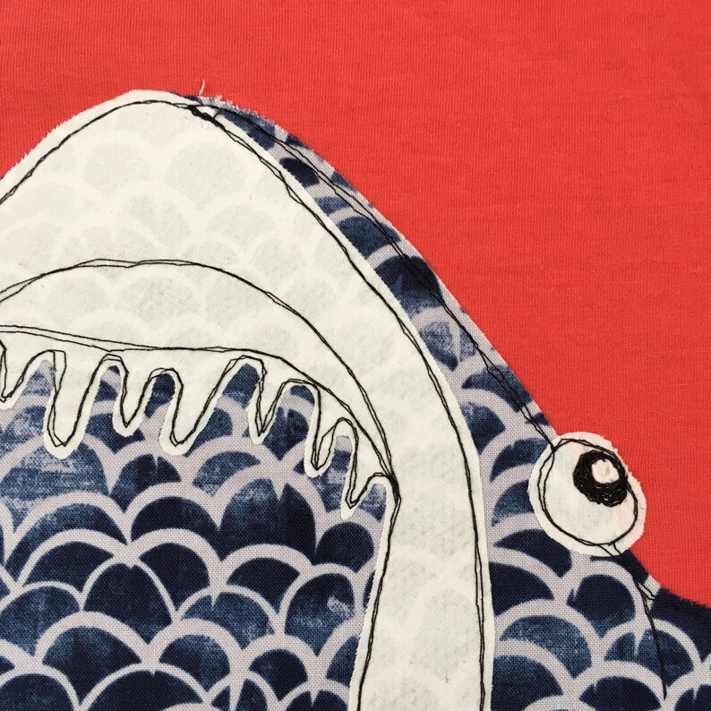 Shark Handmade Organic Toddler/ Kids Applique Unisex T-shirt in Red image 2