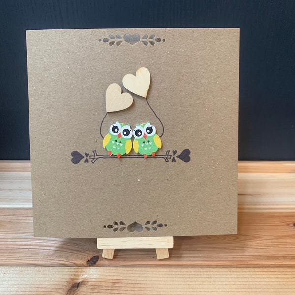 Gorgeous Owls with Wooden Hearts Card (with wallet) - Valentines, Anniversary, Wedding, Best Friends