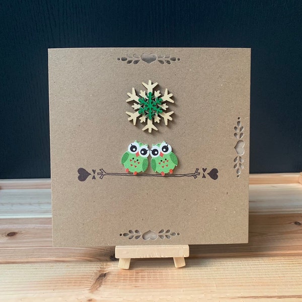 Gorgeous Owls with Wooden Snowflake Card (with wallet) - Christmas, Valentines, Anniversary, Wedding, Best Friends - Kasia KS Arts and Cards