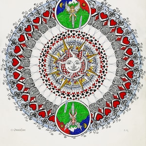 Fietskaarten Mandala, Rummikub Joker Sun, Albert Hofmann Bike Trip, Angels & Demons, Psychedelic Ride, Sky Lucy, Print of Original Drawing
