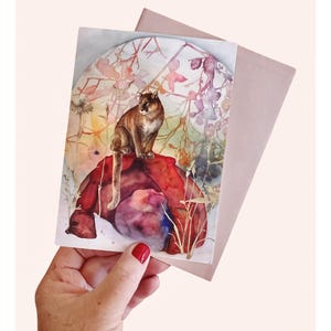 Cartão de felicitações de leão da montanha – Puma em aquarela em Delicate Arch – Cartão de arte da natureza para amantes da vida selvagem