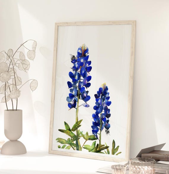 Texas Bluebonnet Art Print | Bluebonnet Watercolor with Bees | Texas State Flower Wall Art | Botanical Floral Print