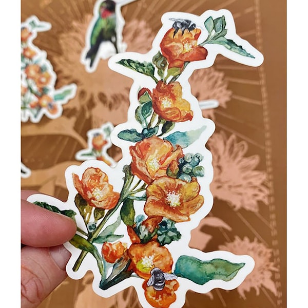 Wild Flower Decal, Globe Mallow Flower Print, Waterproof Sticker, Vinyl Flower Decal, Orange Flower Sticker Bumblebees, Waterbottle Sticker