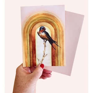 Barn Swallow Bird Watercolor Greeting Card, minimal contemporary Art, Bird decor, earth color painting
