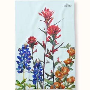 Western  Wildflowers Watercolor, kitchen towel, absorbent non-fading waffle weave cotton Dishtowel Bluebonnet, Indian paintbrush