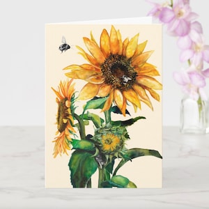 Carte de voeux tournesol, aquarelle tournesol, peinture colibri, carte de correspondance tournesol