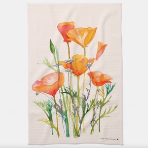 California Poppy Wildflowers Watercolor, kitchen towel, absorbent non-fading waffle weave cotton Dishtowel, handmade, watercolor painting