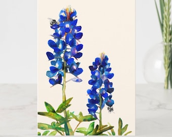 Bluebonnet Watercolor Greeting Card: Texas Flower & Bumblebees